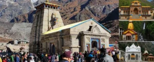Devotees on the Char Dham Yatra visiting the sacred Himalayan temples of Badrinath, Kedarnath, Gangotri, and Yamunotri, surrounded by stunning mountain scenery.