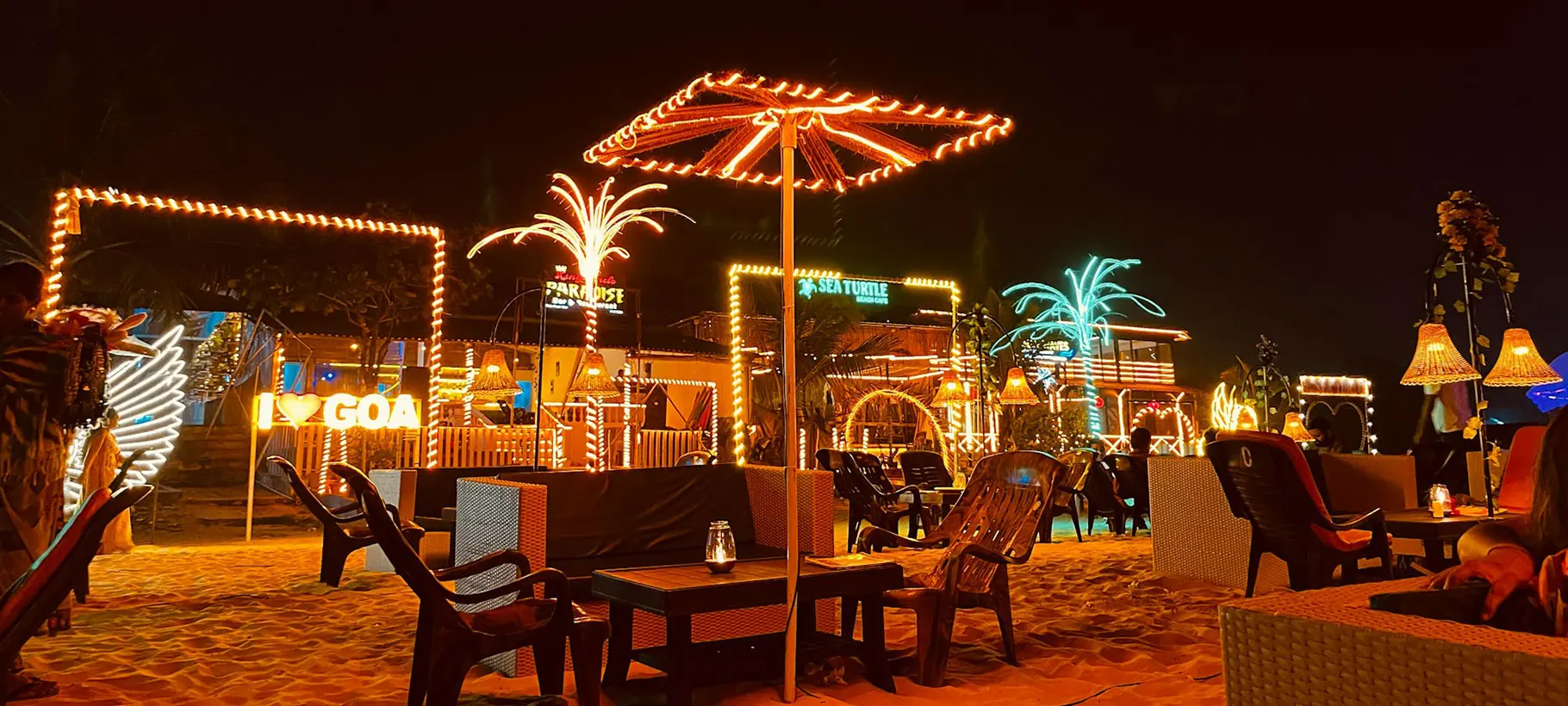 Beautiful beach scene in Goa, India, with palm trees, sandy shores, and clear blue waters.