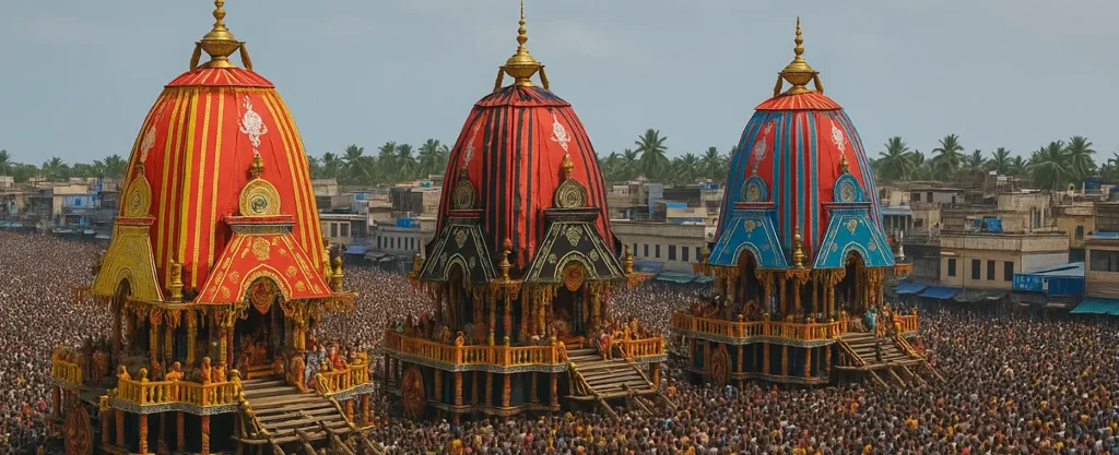 Devotees pulling chariots during Puri Rath Yatra 2025 festival in Odisha.