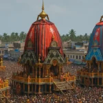 Devotees pulling chariots during Puri Rath Yatra 2025 festival in Odisha.