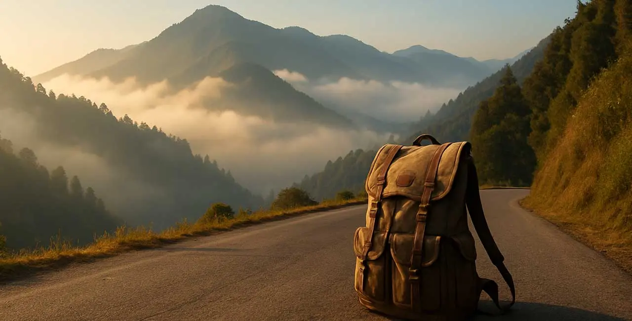 A packed travel bag with essential items like a map, water bottle, and hiking gear ready for an adventure